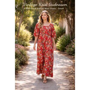 VTG 70s Krist Gudnason Red Floral Kaftan Maxi House Dress Mumu Sz Small Boho